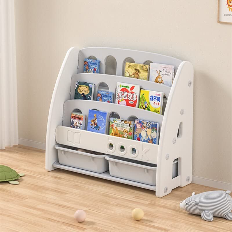 Children's bookshelf display stand with multiple storage tiers and built-in bins.