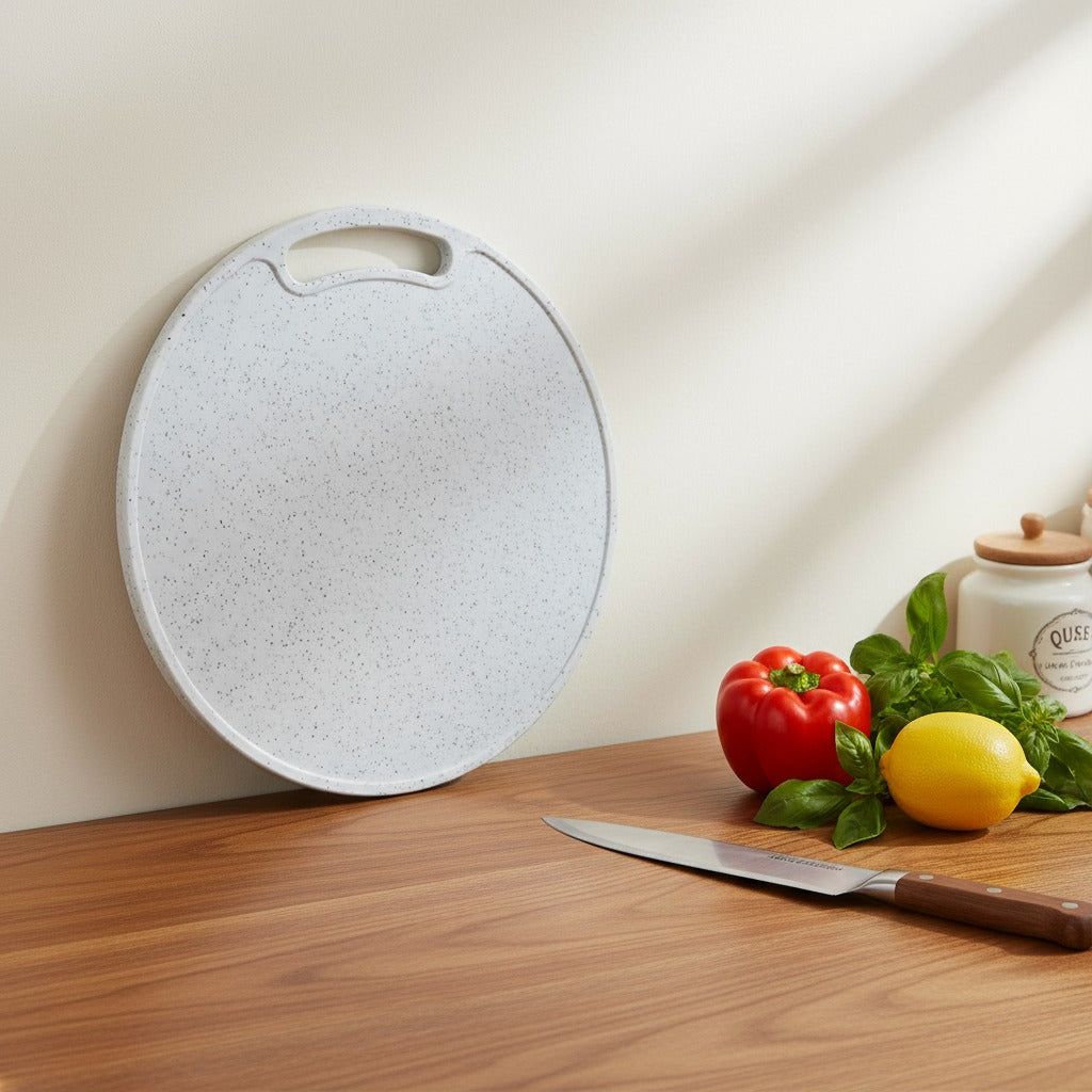 A Chopping Board is Kept On a Kitchen Cabinet.