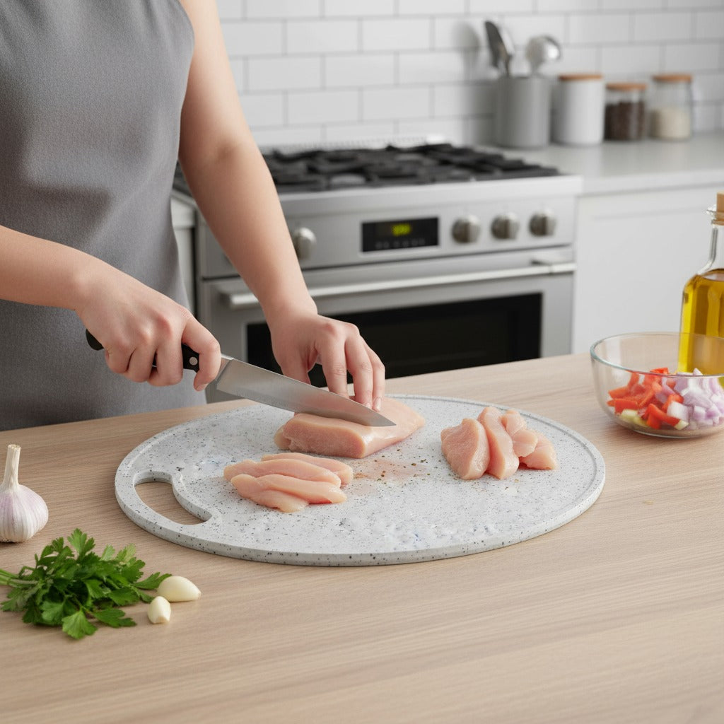 A Person is Cutting Meat Using Chopping Board.