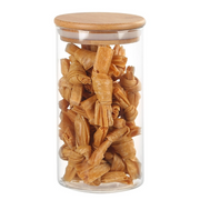 Clear Spice Snack Jar with wooden lid filled with dried pasta on a white background