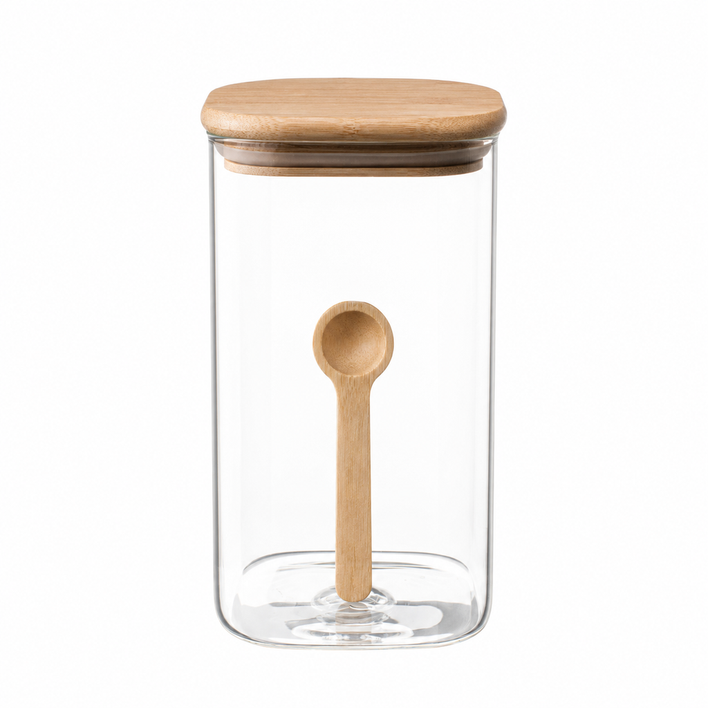 Clear Spice Snack Jar with Wooden Lid & Spoon , Airtight Kitchen Storage Containers Clear Spice Snack Jar with Wooden Lid & Spoon , Airtight Kitchen Storage Containers