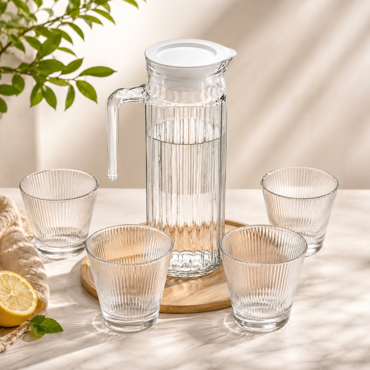 Clear glass pitcher and cups on a wooden surface with a lemon and plant in the background