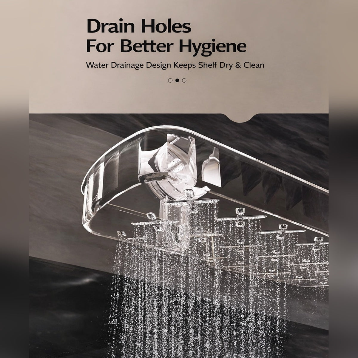 Drain Holes of Clear suction bathroom shelf mounted on a tiled bathroom wall Draining Water.