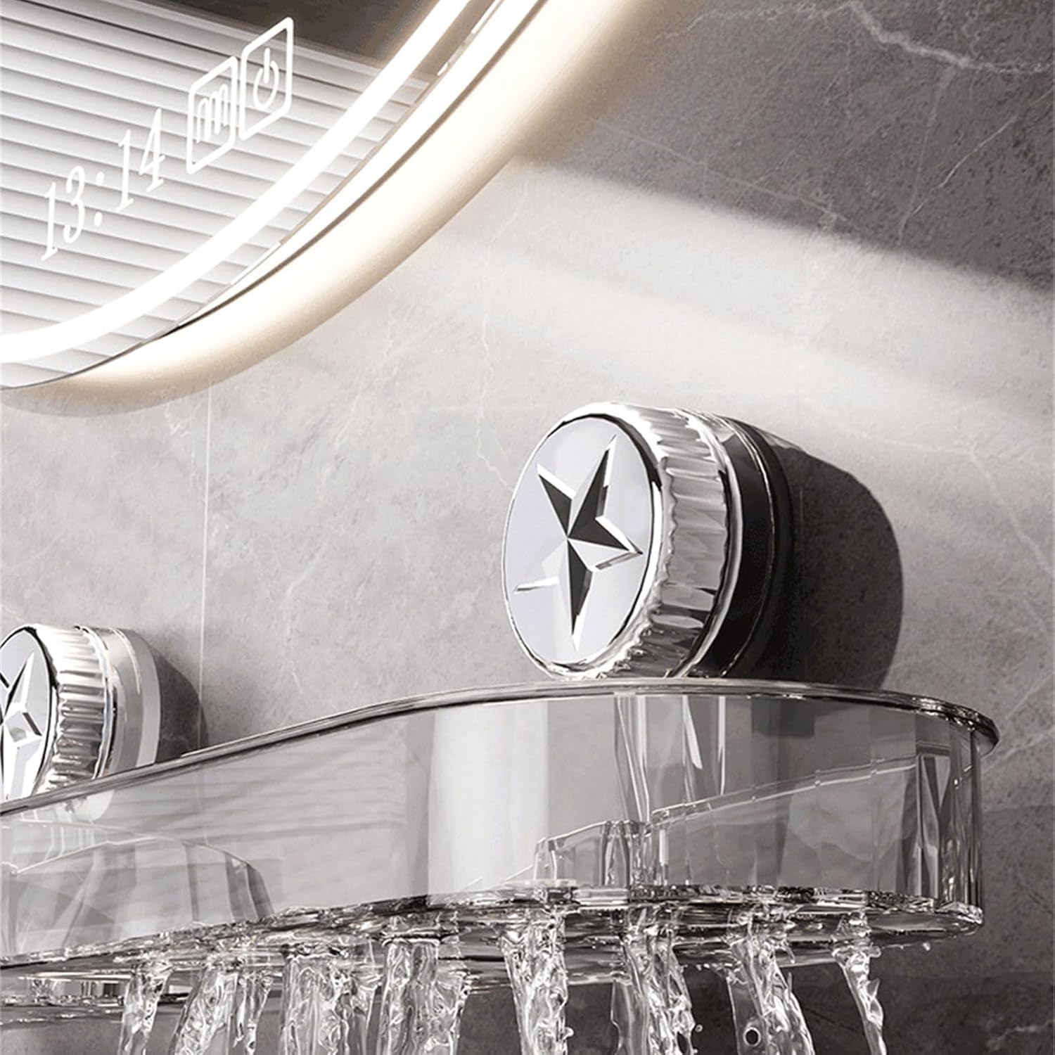 Clear suction bathroom shelf mounted on a tiled bathroom wall above a sink Draining Water.