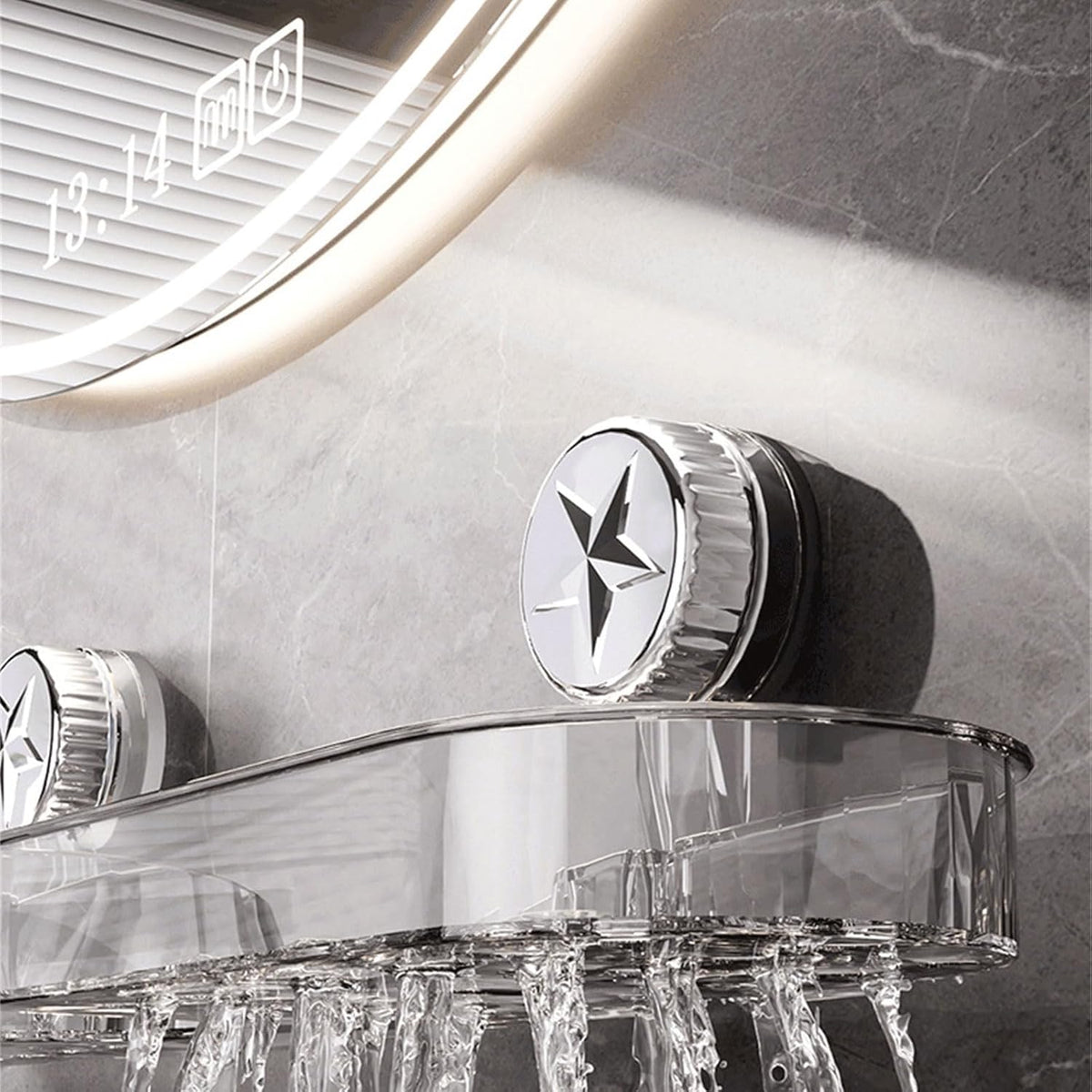 Clear suction bathroom shelf mounted on a tiled bathroom wall above a sink Draining Water.