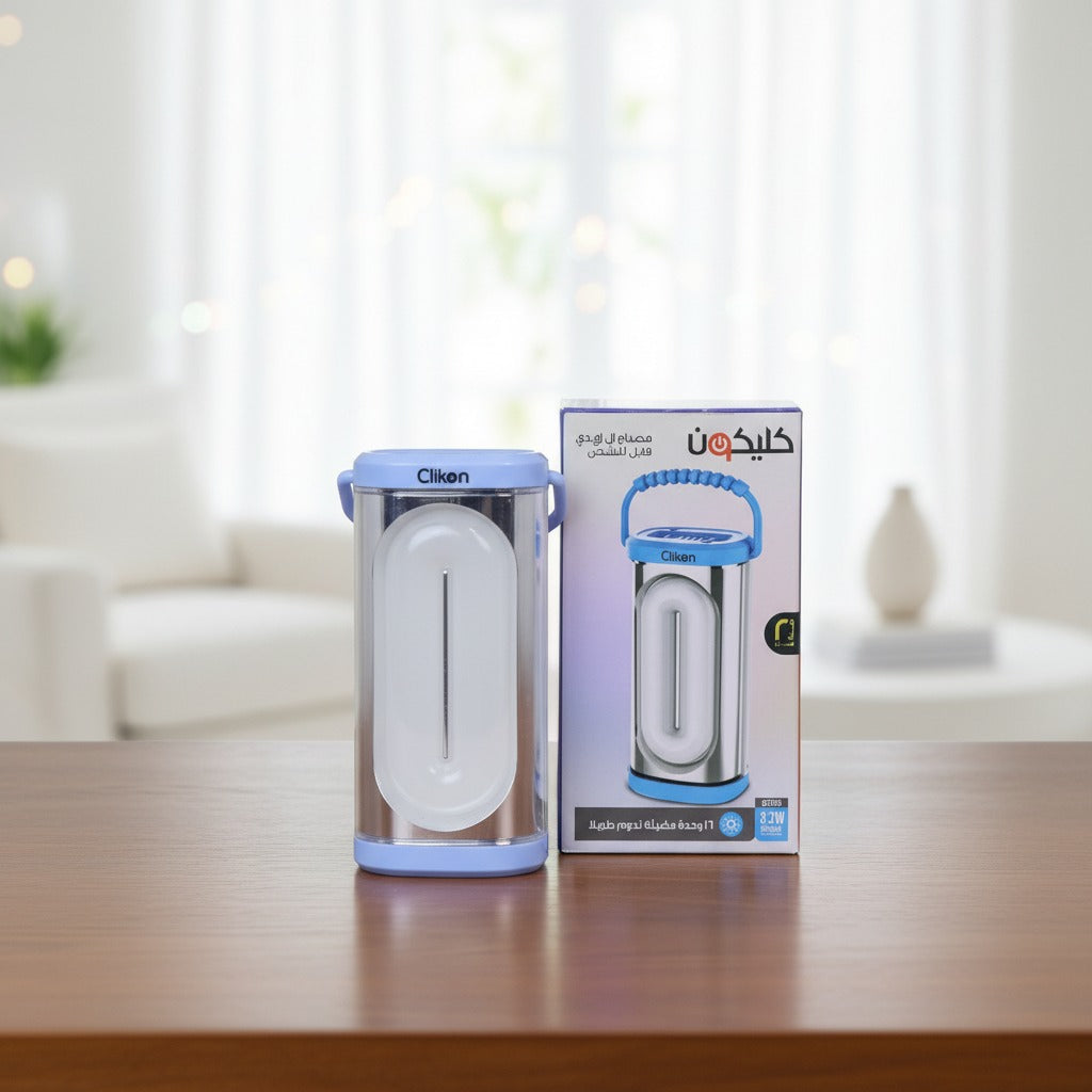 A Clikon LED Rechargeable Lantern and its Pack is Kept on a Table.