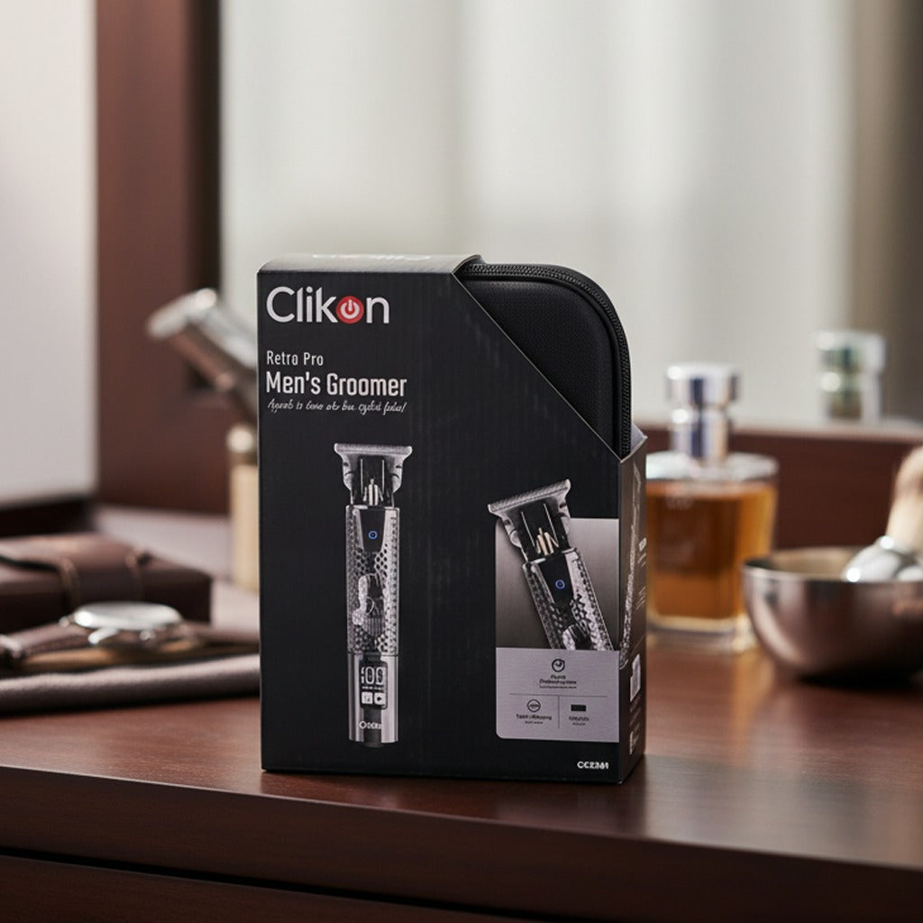 Pack of Clikon Retro Pro Men’s Groomer Placed on a Table at the Salon Setting
