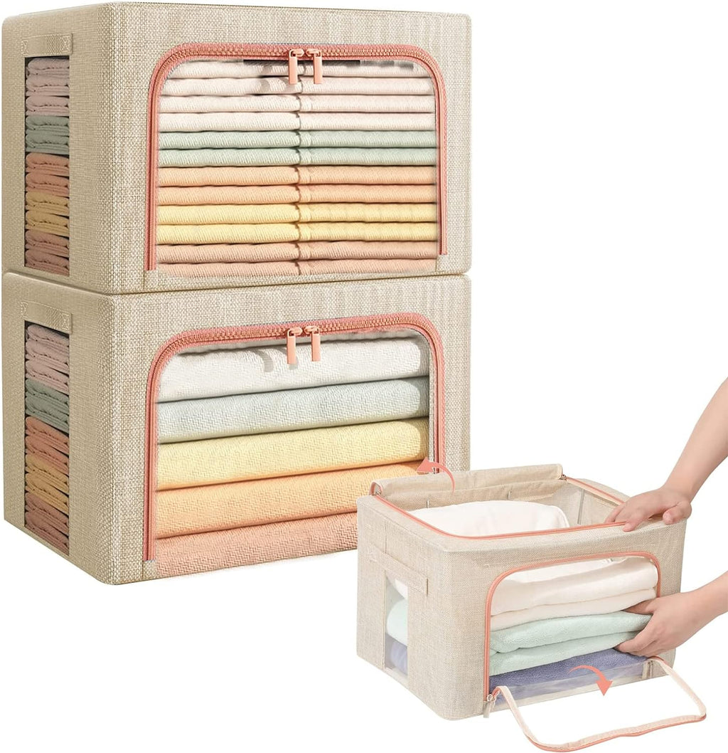 2 x 66L Foldable Large Capacity Cloth Storage, Wardrobe Organizer Box with Steel Frame Support 2 x 66L Foldable Large Capacity Cloth Storage, Wardrobe Organizer Box with Steel Frame Support