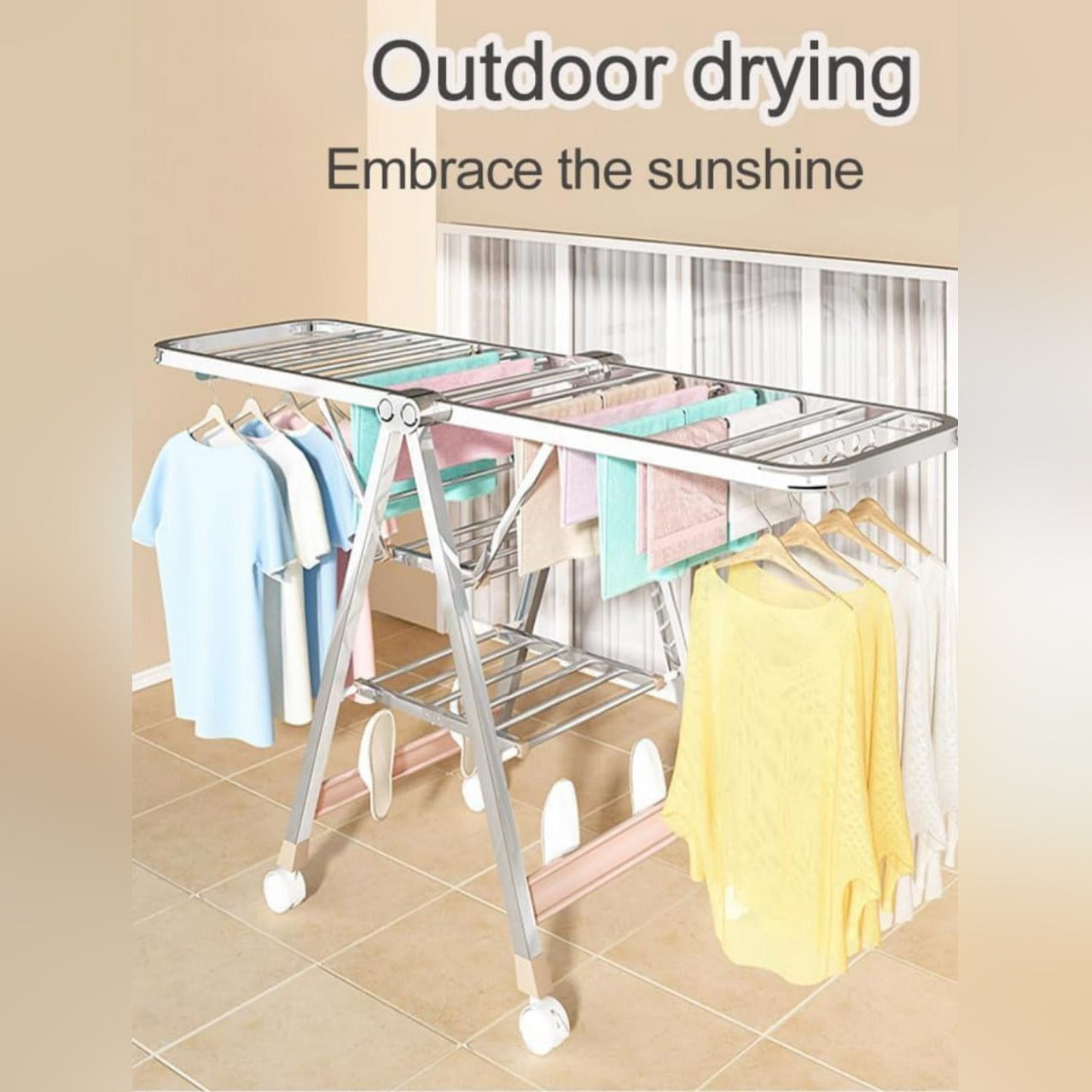 Cloth Drying Rack With Clothes are Hanged On it.