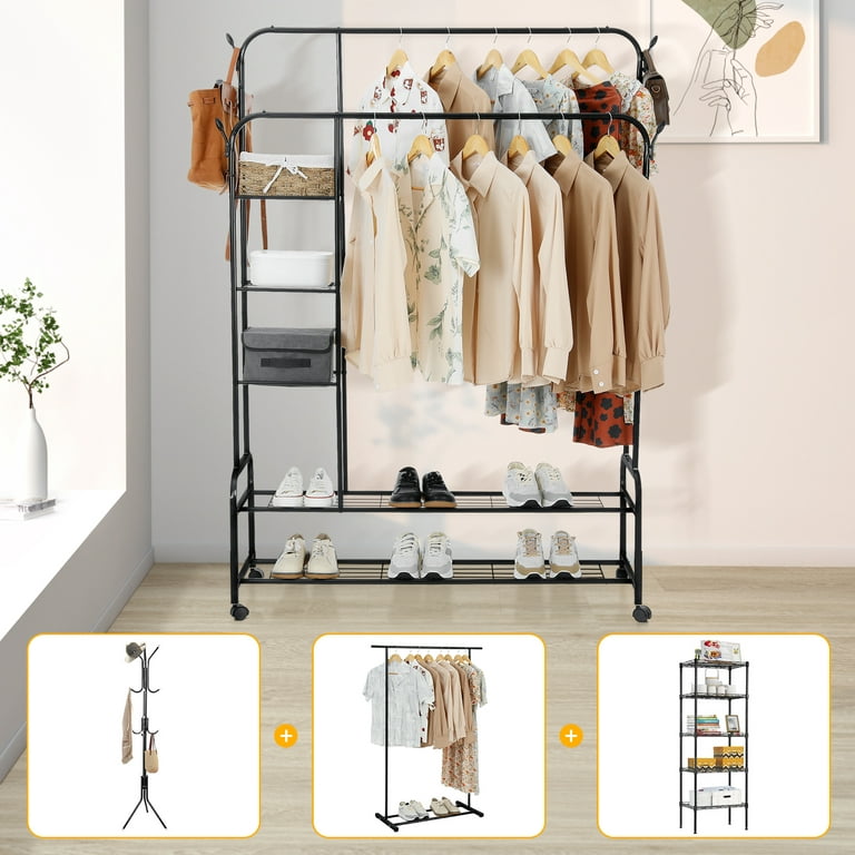Cloth and Shoes are Arranged on the Heavy Duty Portable Cloth Rack With Shelf and Rack.