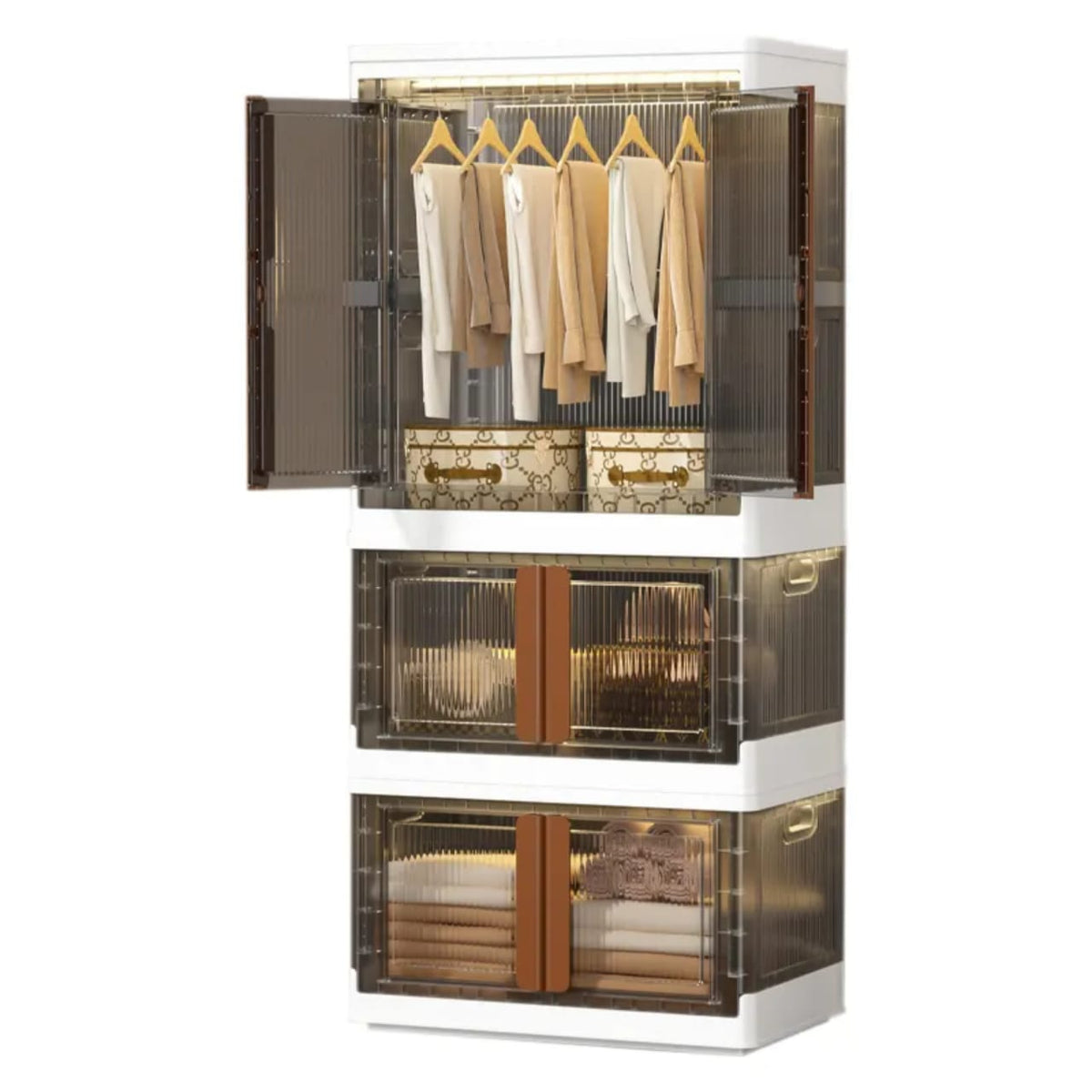Stackable Storage Bins Organized with Clothes.