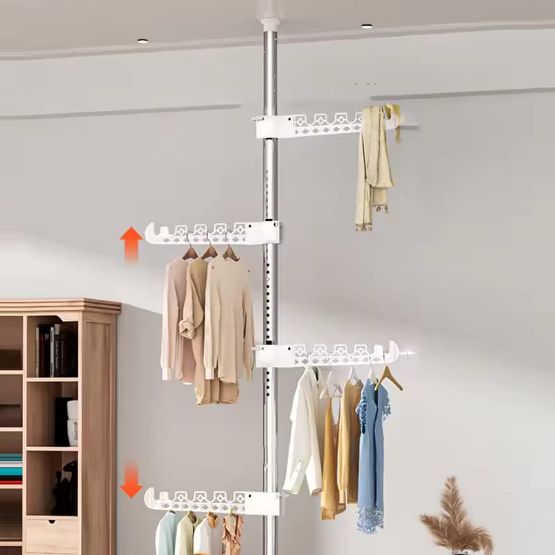 A Upright Coat Rack Organized with Clothes.