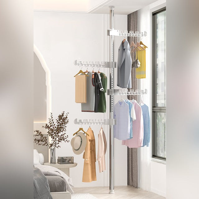 A Upright Coat Rack Organized with Clothes.