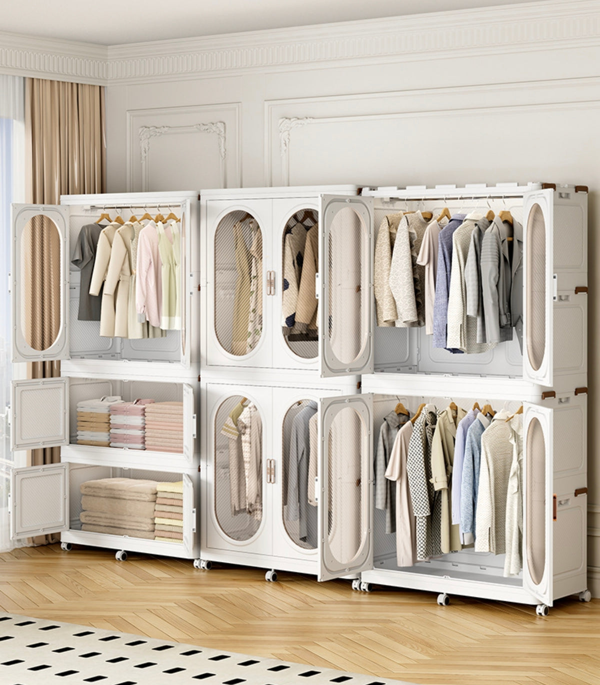 Wardrobe Storage Cabinet Shelf Bins Organized with Clothes.