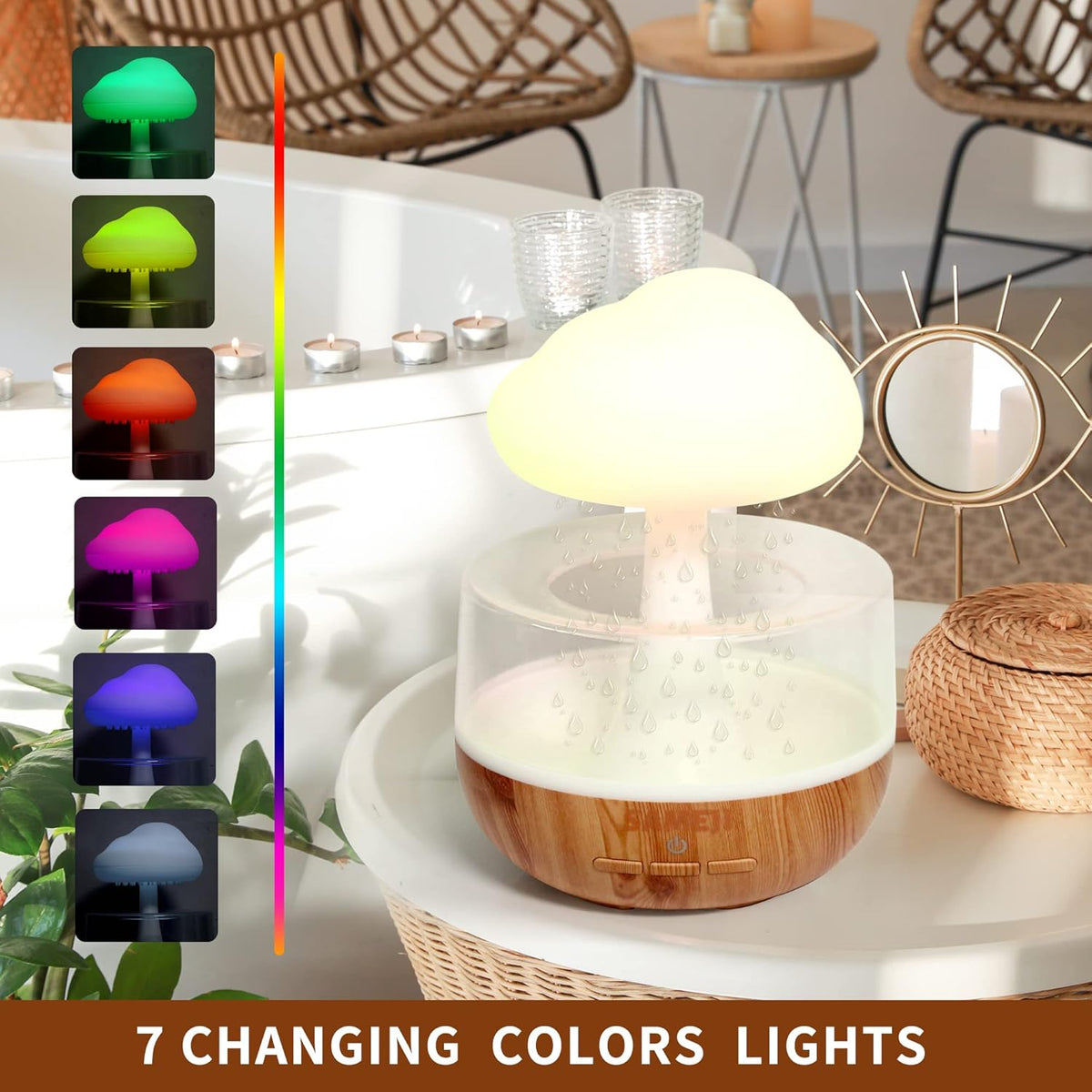 Cloud Rain Humidifier with 7 changing color options on a table in a room setting.
