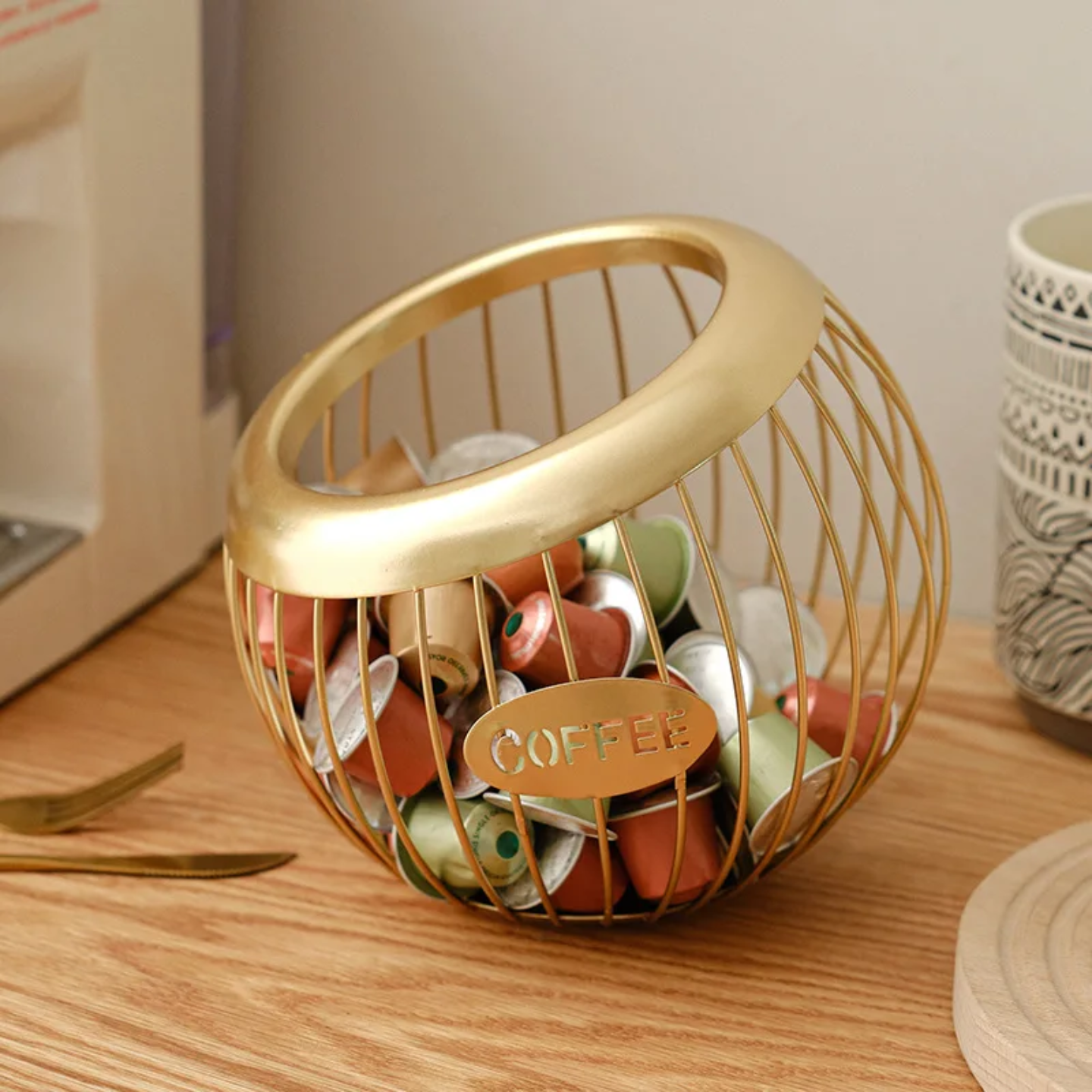 A Coffee Pod Holder with Coffee Pods.