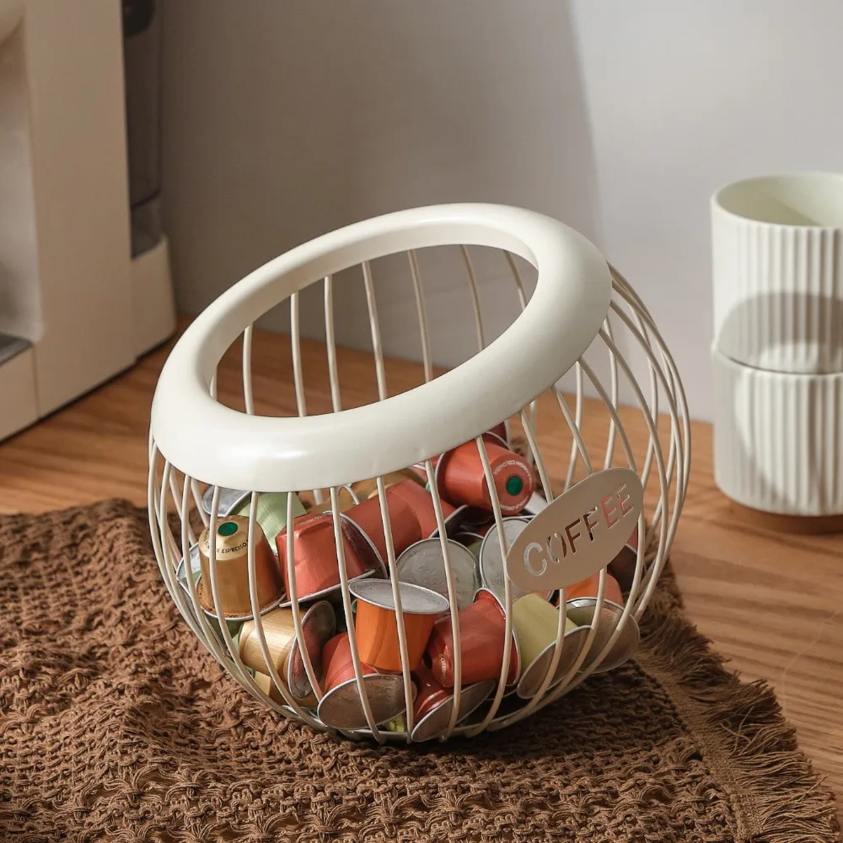 A Coffee Pod Holder with Coffee Pods.