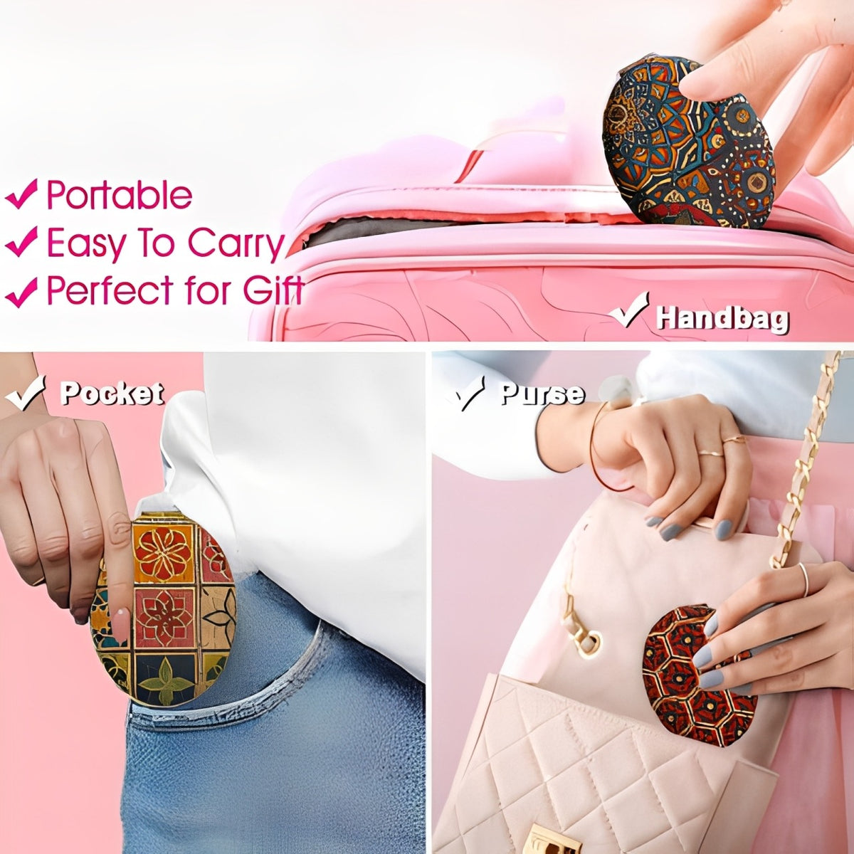 Decorative compact mirror being stored in various settings with text highlighting its features.