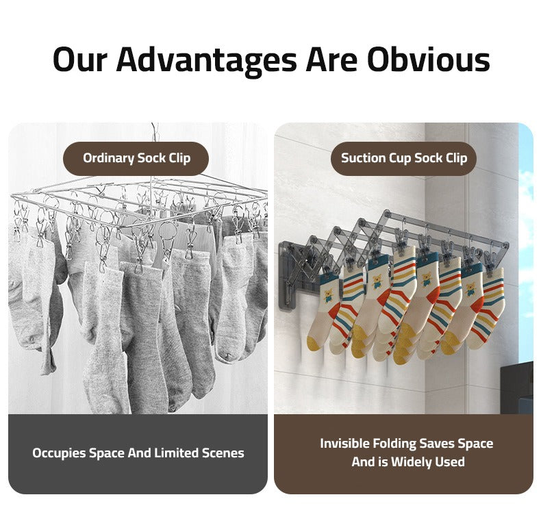 Comparison Between Ordinary Sock Clip and Wall Mounted Foldable Suction Cup Sock Cloth Drying Hanger Rack.