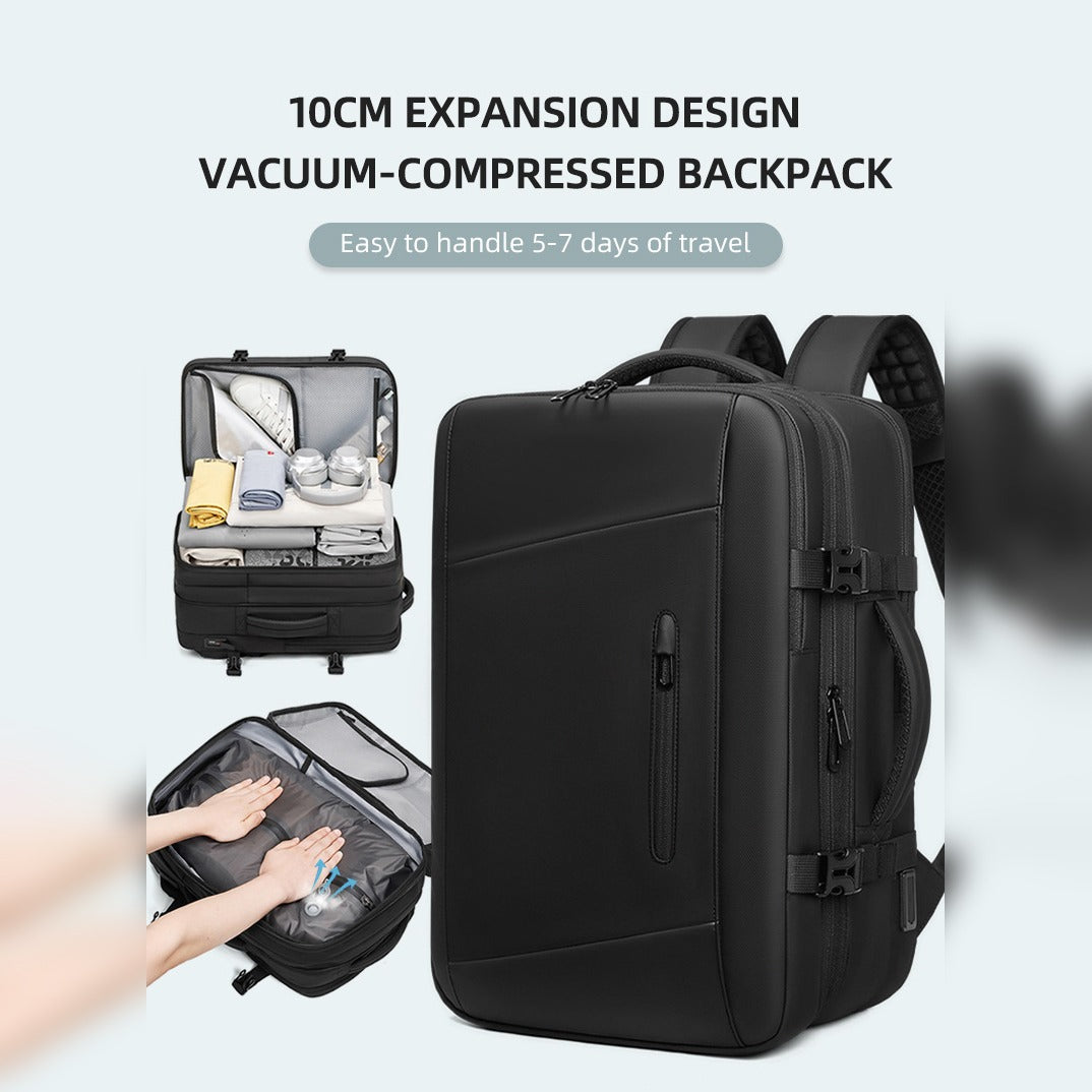 A Person is Compressing Large Capacity Expandable Travel Backpack,