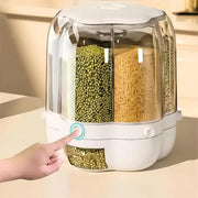 Multicompartment food storage container with compartments for different types of food, being operated by a hand.