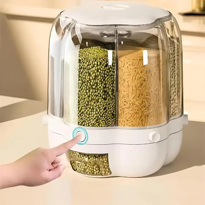 Multicompartment food storage container with compartments for different types of food, being operated by a hand.