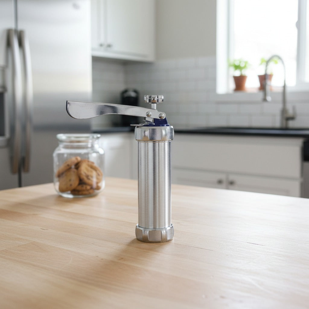 Cookie Press Set is Placed on a Modern Kitchen Countertop.