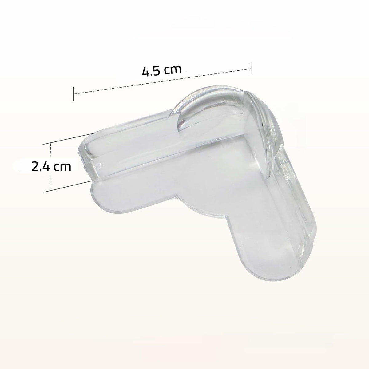 Clear corner protector with measurements on a white background