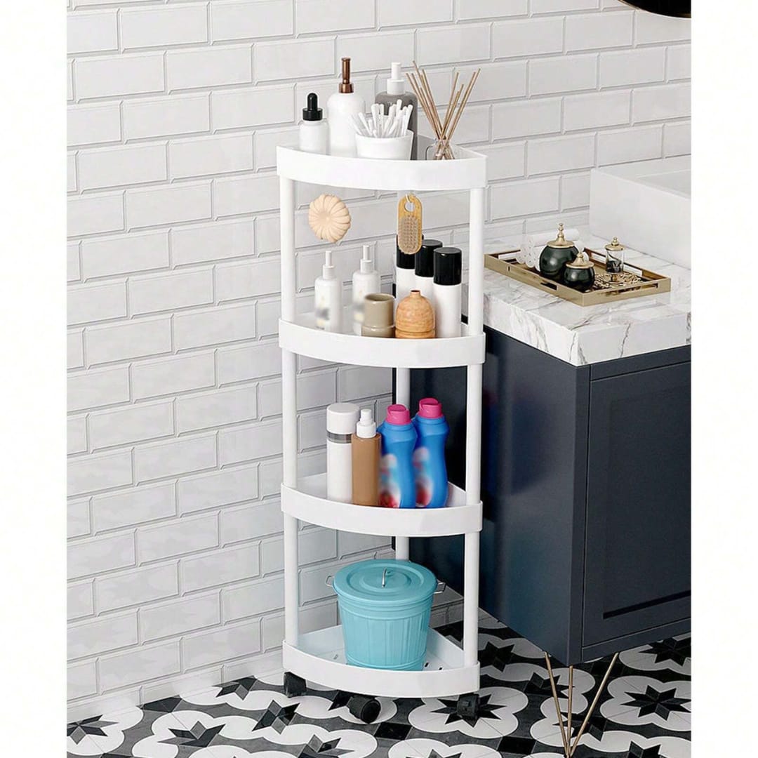 Corner Storage Rack is Placed at Bathroom and Shower Items are Organized in it.