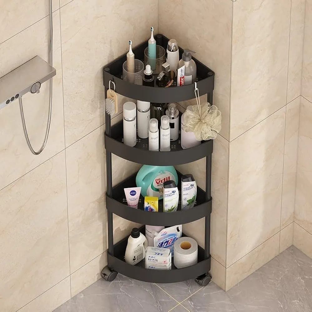 Corner Storage Rack is Placed at Bathroom and Shower Items are Organized.