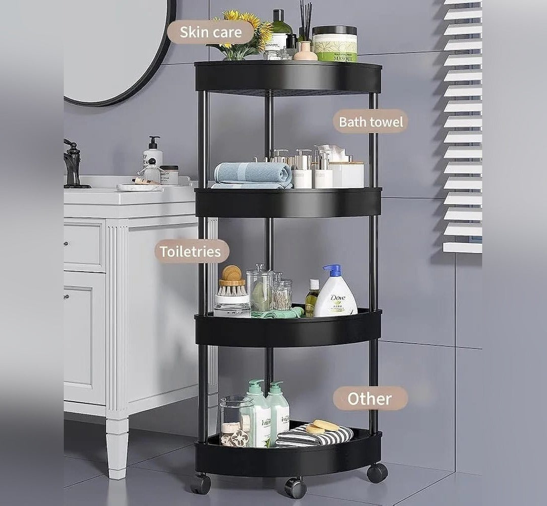 A Corner Storage Rack is Placed at Bathroom and Shower Items are Organized.