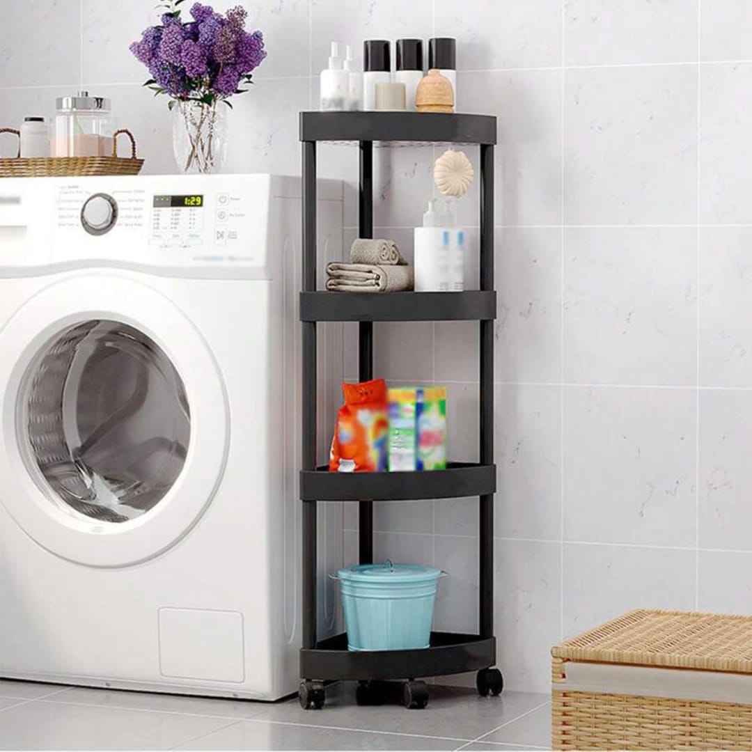 Corner Storage Rack is Placed at Bathroom and Shower and Cleaning  Items are Organized.