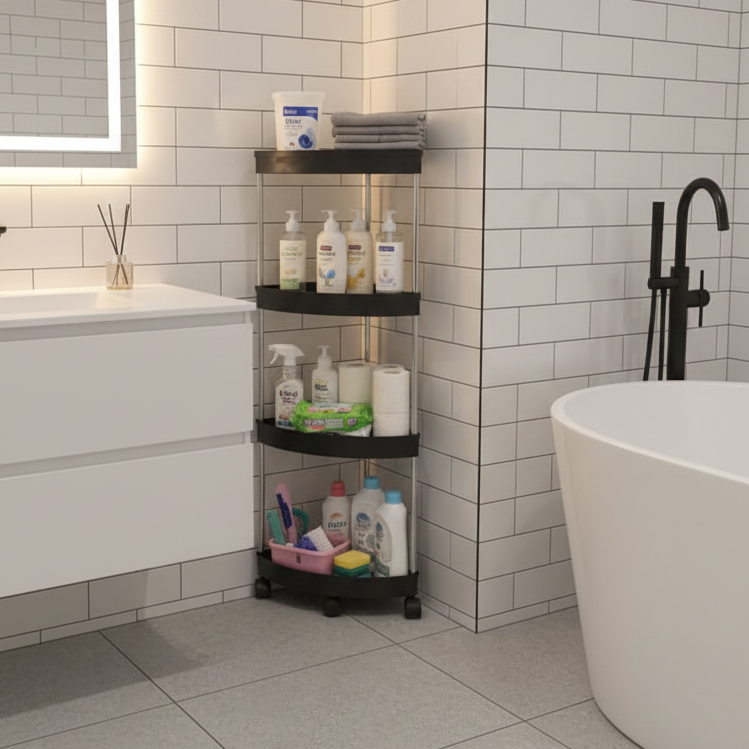 A Corner Storage Rack is Kept at the Corner of Bathroom Organized with Bathroom Essentials.