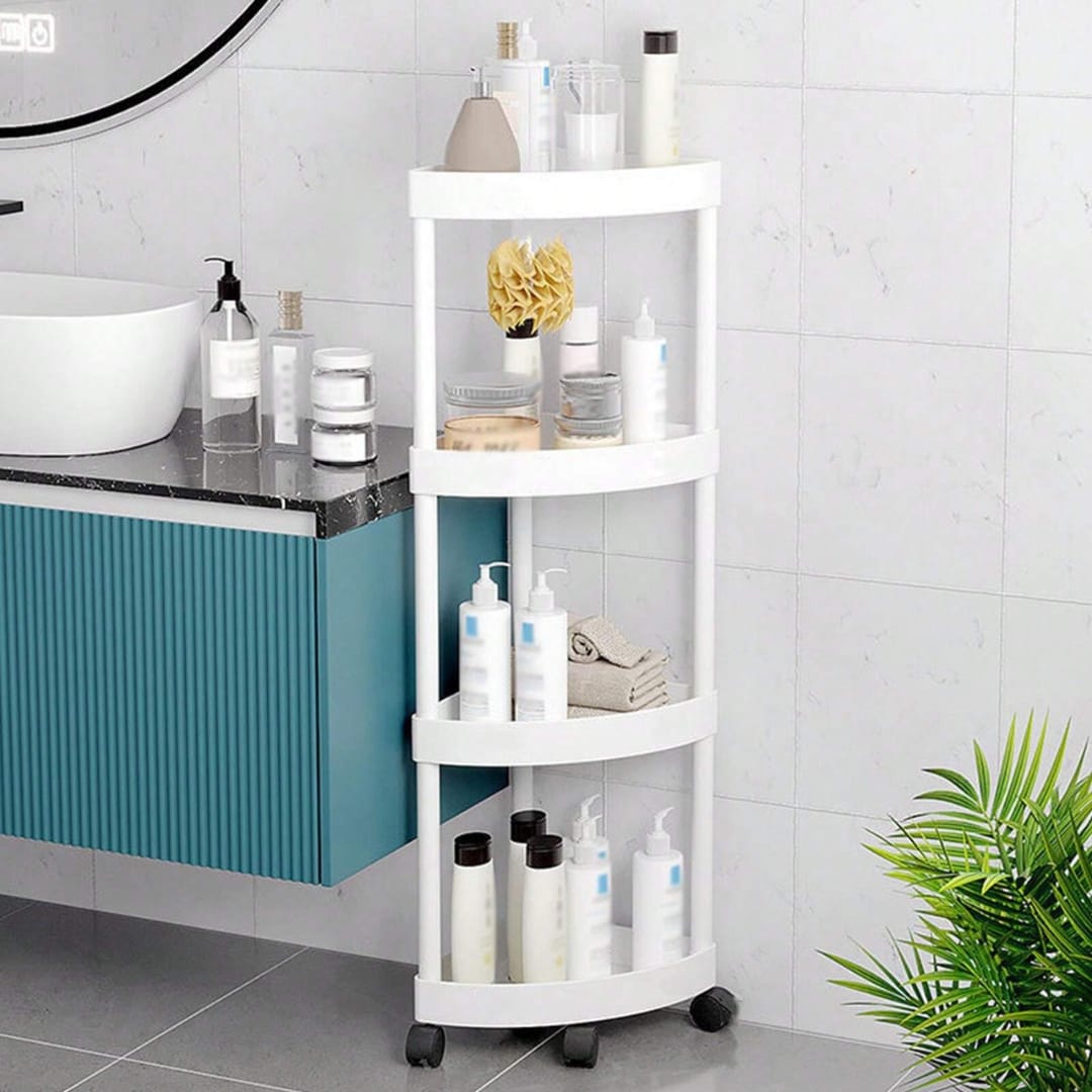 Corner Storage Rack is Placed at Bathroom and Shower Items are Organized.