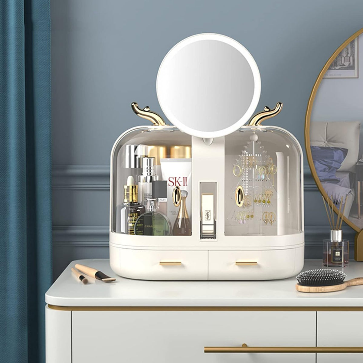 Cosmetic organizer with mirror on a dresser with skincare products.