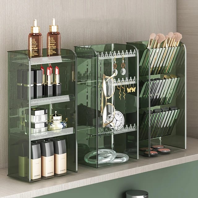Vertical Jewelry and Cosmetics Cabinet placed on the rack with some bottles
