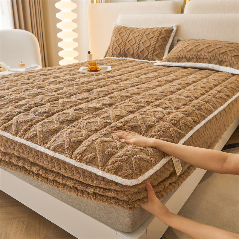 lady touching Cozy Coral Fleece Fitted Bed Sheets 