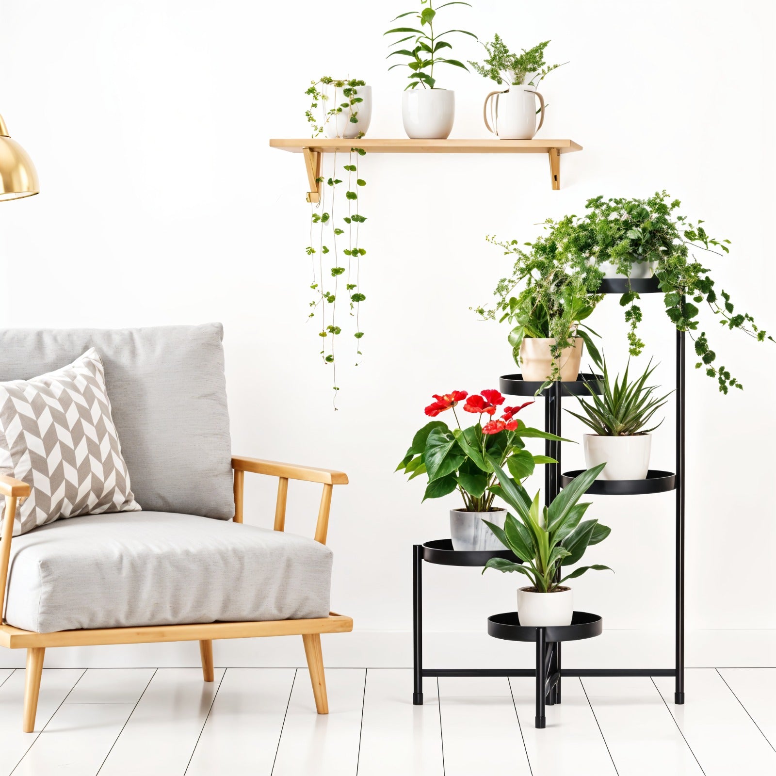 Creative multi-tier metal plant stand with black round shelves, holding multiple indoor potted plants, placed beside a sofa in a living room