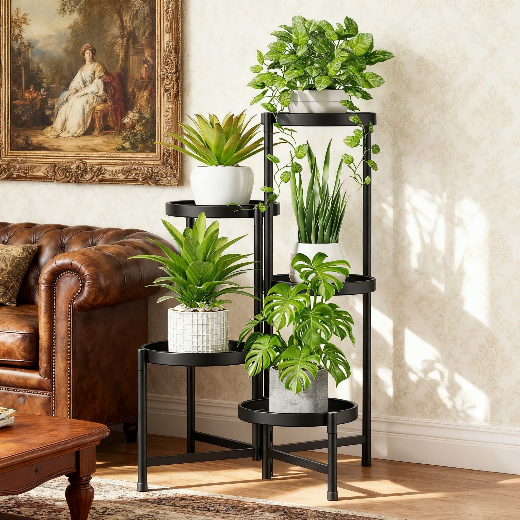 Creative multi-tier metal plant stand with black round shelves, holding multiple indoor potted plants, placed beside a leather sofa in a living room.