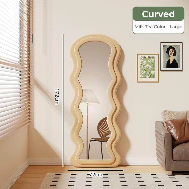 Size Of Curve shaped Full-Length Mirror placed in living room of a house
