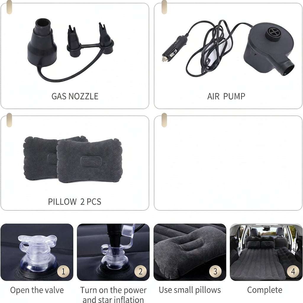 A collage of items included in a Portable Travel Inflatable Car Bed