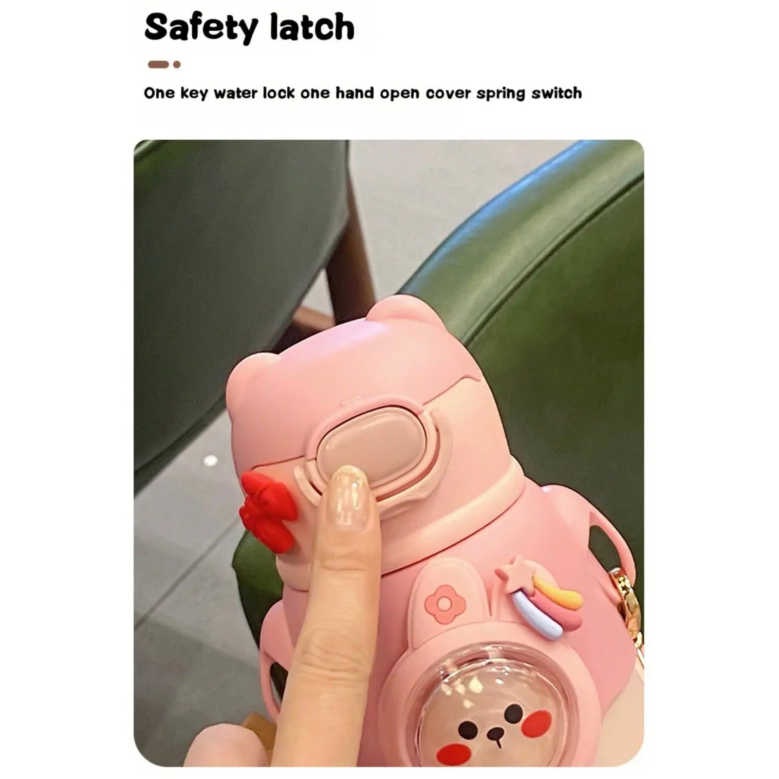 A Person is Pressing the Button Of Cute Cartoon Bear Water Bottle for Kids.