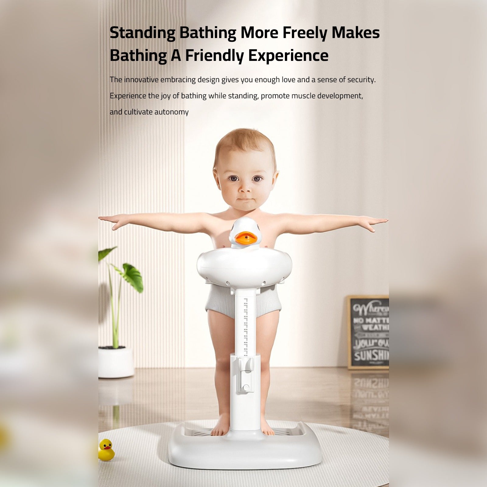 A Model Of Baby is Fixed on Cute Duck Baby Bathing Station.