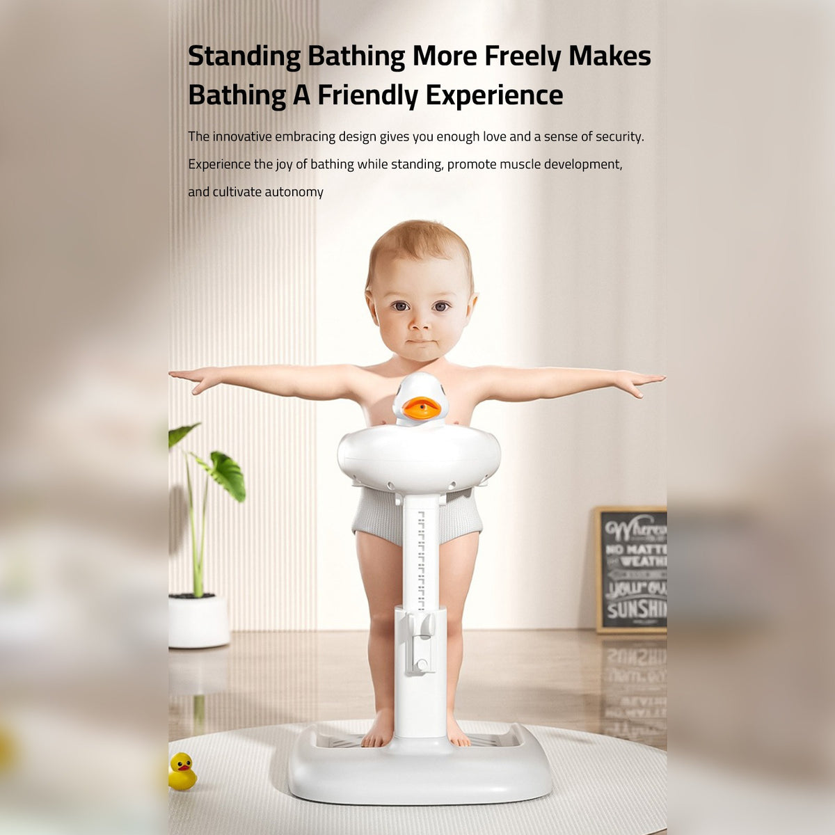 A Model Of Baby is Fixed on Cute Duck Baby Bathing Station.