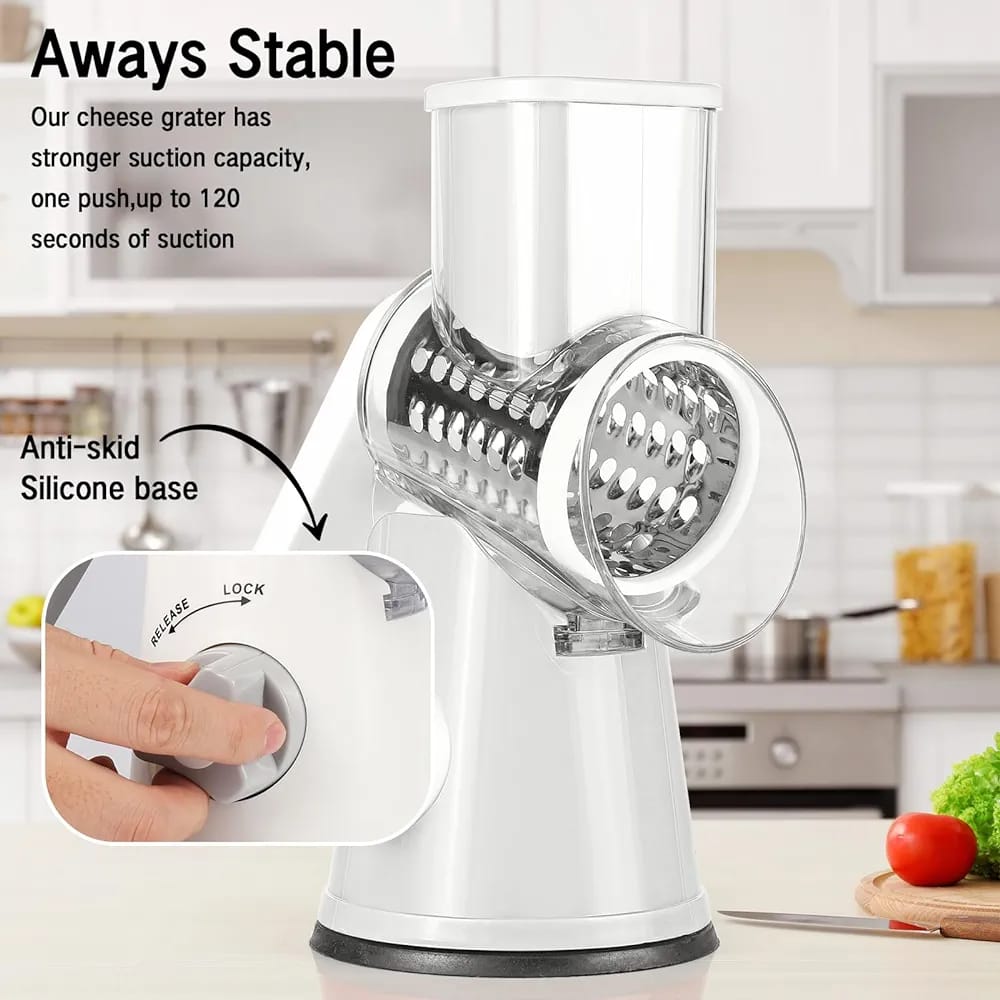 Someone using a Rotary Grater Slicer with 3 Blades