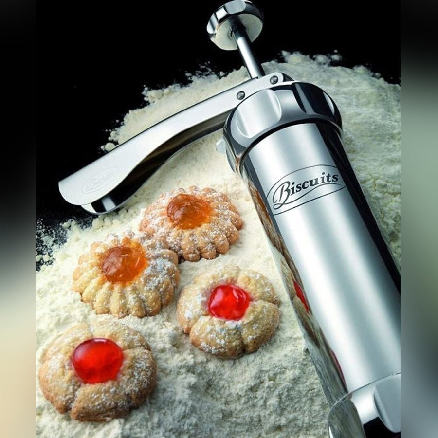 DIY Biscuit Maker used to shape cookies into various decorative forms, displayed alongside different biscuit styles.