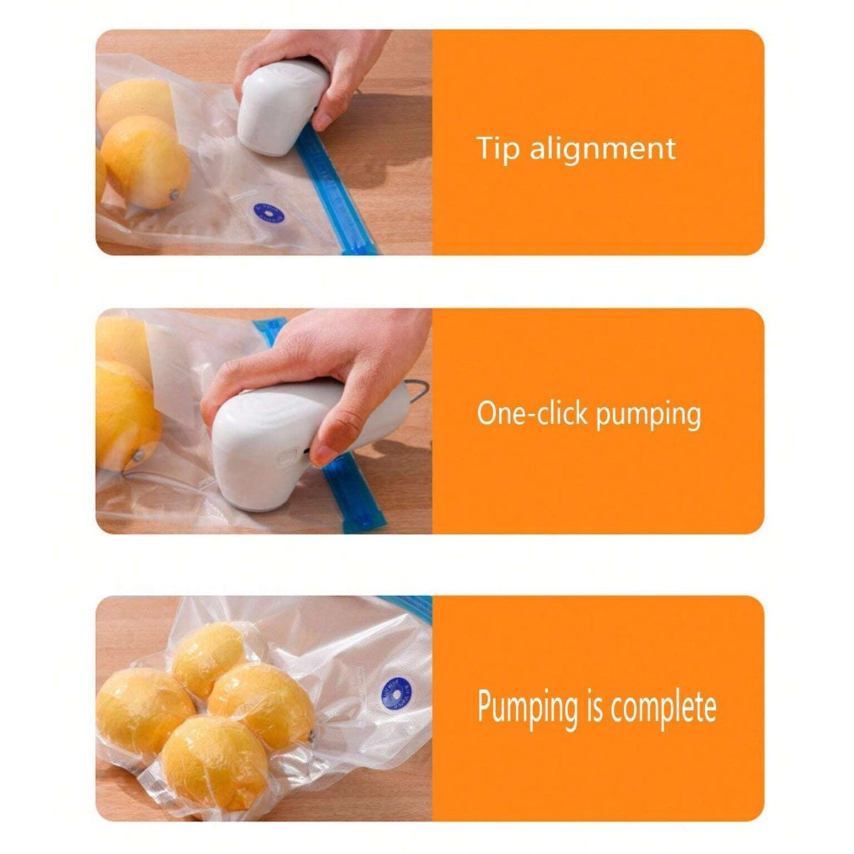 The image shows a step-by-step demonstration of using the handheld vacuum device to seal food bags—aligning the tip, pressing to pump air out, and completing the vacuum sealing process.