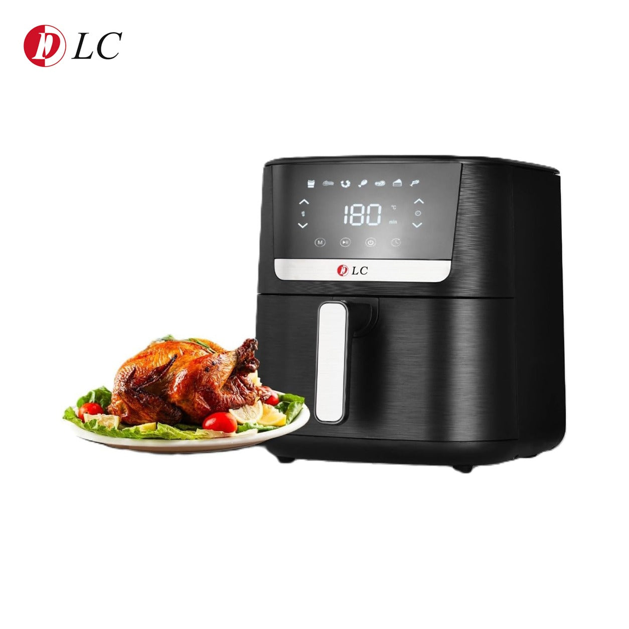 A DLC 7.0L Air Fryer and a Plate of Cooked food is Placed Nearby.