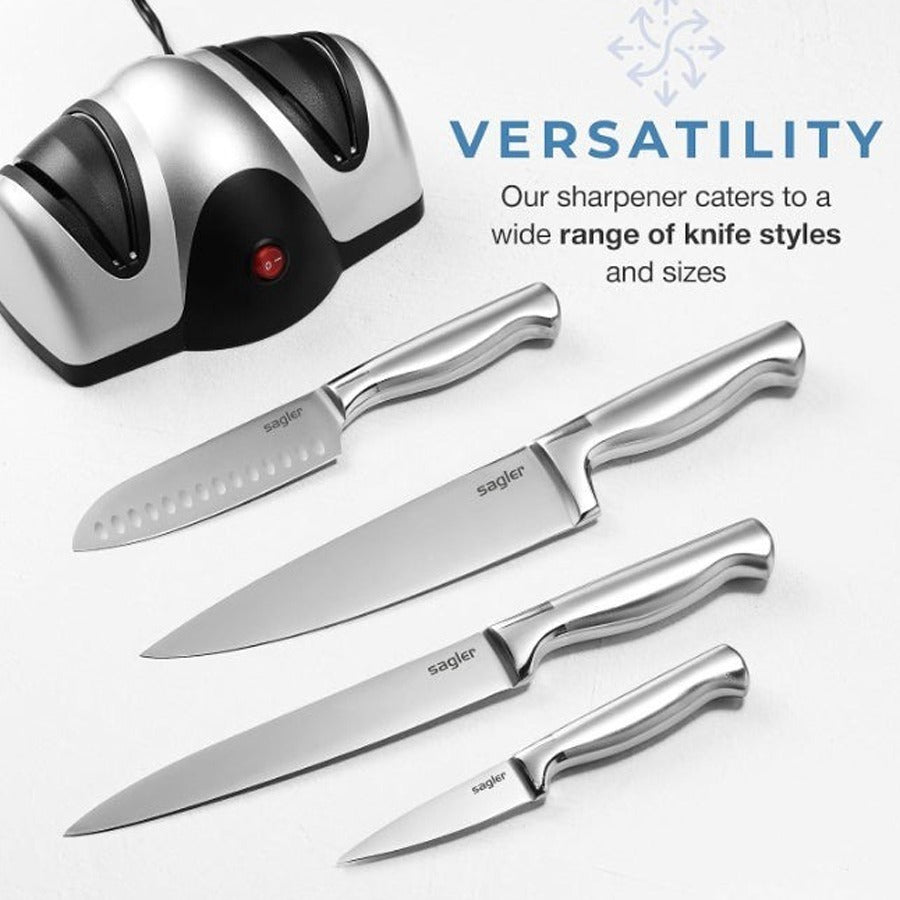 A compact electric knife sharpener displayed alongside different types of kitchen knives, highlighting its versatility in sharpening various blade sizes and styles.
