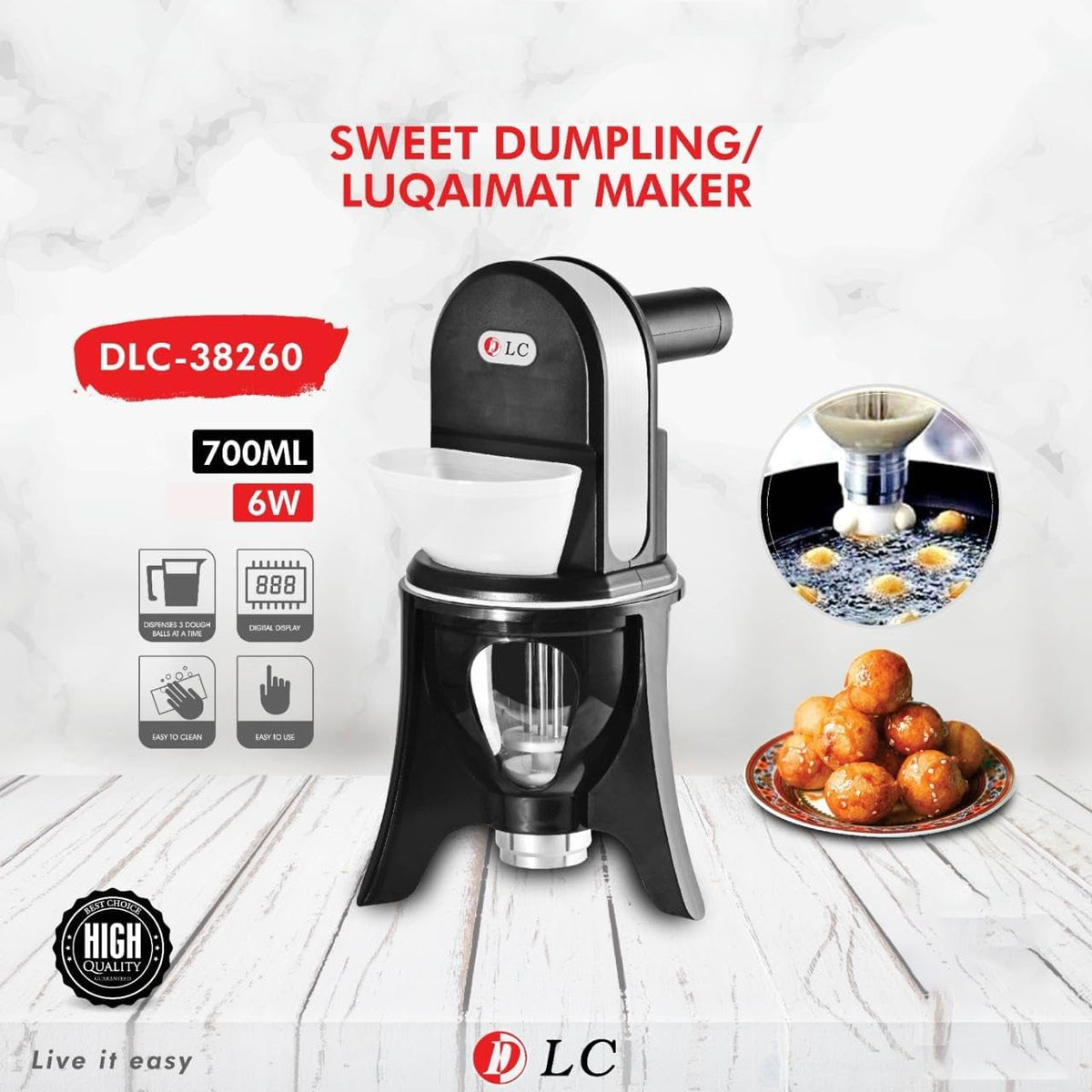 DLC Sweet Dumpling Luqaimat Maker along with a Plate of Luqaimat.